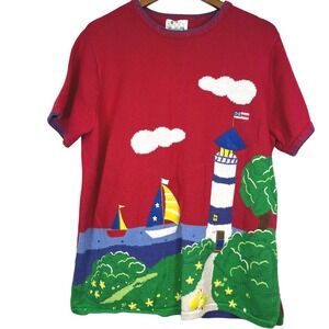 The‎ Quaker Factory Red Lighthouse Sailboat Sweater Top 1X Nautical Coastal Gran